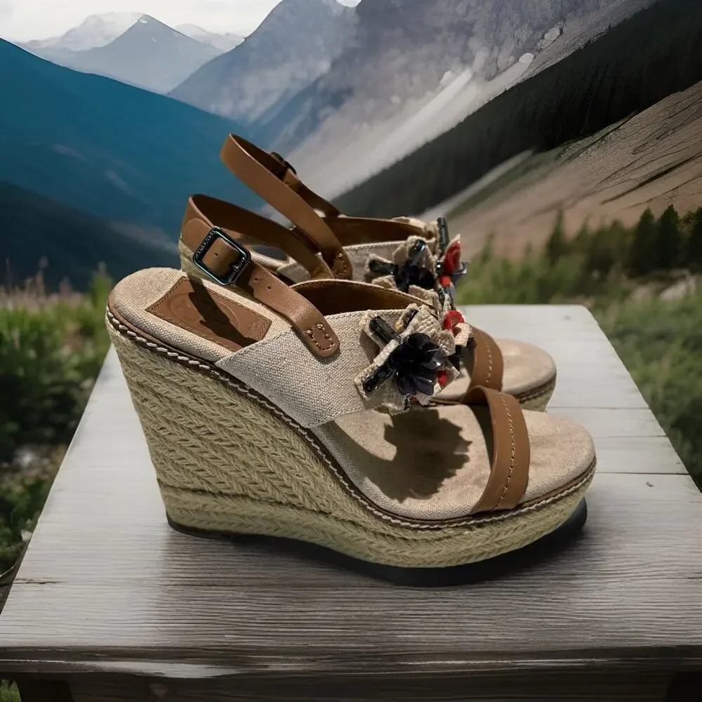 Tory Burch Canvas Leather Espadrille Wedge Sandal Size 8M Beige Brown
